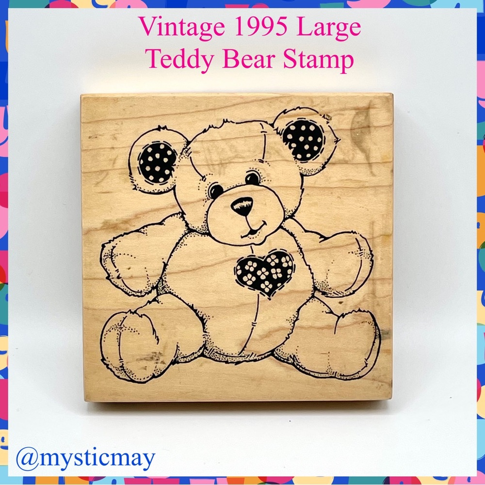 Large Vintage PSX 1995 STUFFED TEDDY BEAR w Patchwork Heart Wooden Stamp #K-980